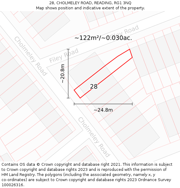 28, CHOLMELEY ROAD, READING, RG1 3NQ: Plot and title map