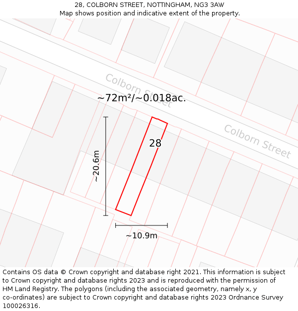 28, COLBORN STREET, NOTTINGHAM, NG3 3AW: Plot and title map