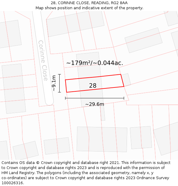 28, CORINNE CLOSE, READING, RG2 8AA: Plot and title map
