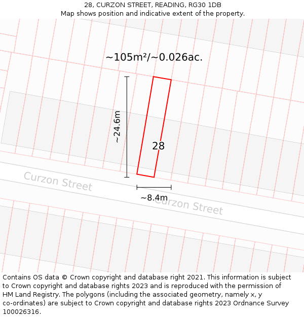 28, CURZON STREET, READING, RG30 1DB: Plot and title map