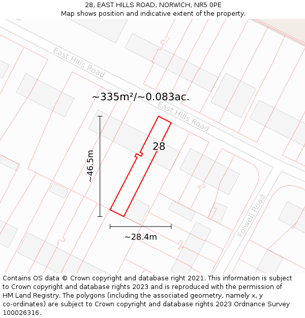 28, EAST HILLS ROAD, NORWICH, NR5 0PE: Plot and title map