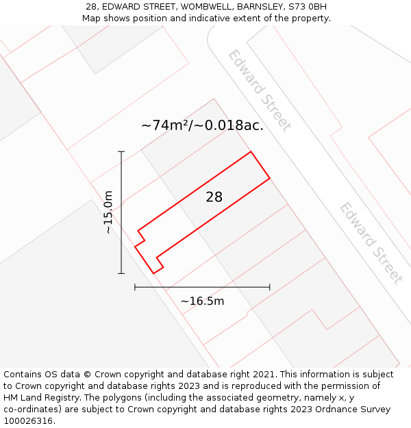28, EDWARD STREET, WOMBWELL, BARNSLEY, S73 0BH: Plot and title map