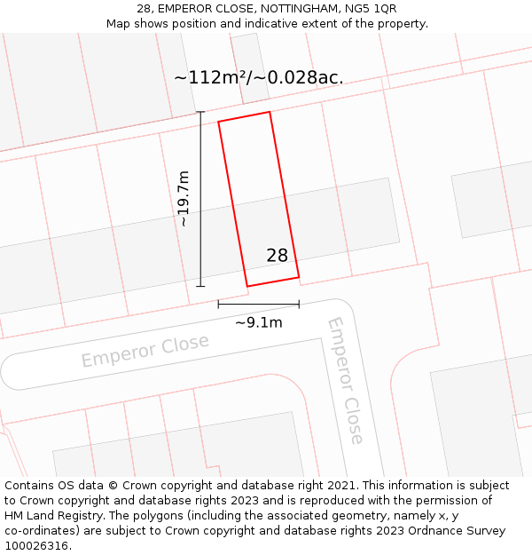 28, EMPEROR CLOSE, NOTTINGHAM, NG5 1QR: Plot and title map