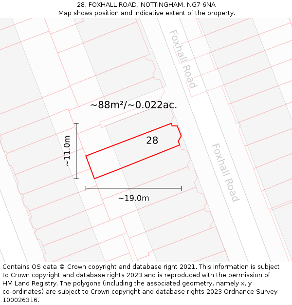 28, FOXHALL ROAD, NOTTINGHAM, NG7 6NA: Plot and title map