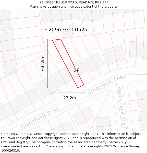 28, GREENFIELDS ROAD, READING, RG2 8SF: Plot and title map
