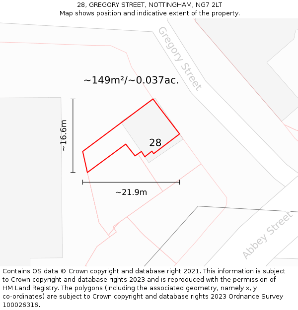 28, GREGORY STREET, NOTTINGHAM, NG7 2LT: Plot and title map