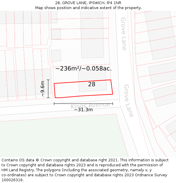 28, GROVE LANE, IPSWICH, IP4 1NR: Plot and title map