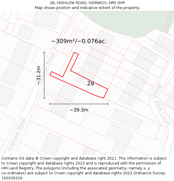 28, HIGHLOW ROAD, NORWICH, NR5 0HP: Plot and title map