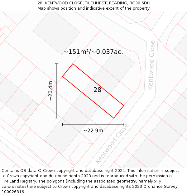 28, KENTWOOD CLOSE, TILEHURST, READING, RG30 6DH: Plot and title map