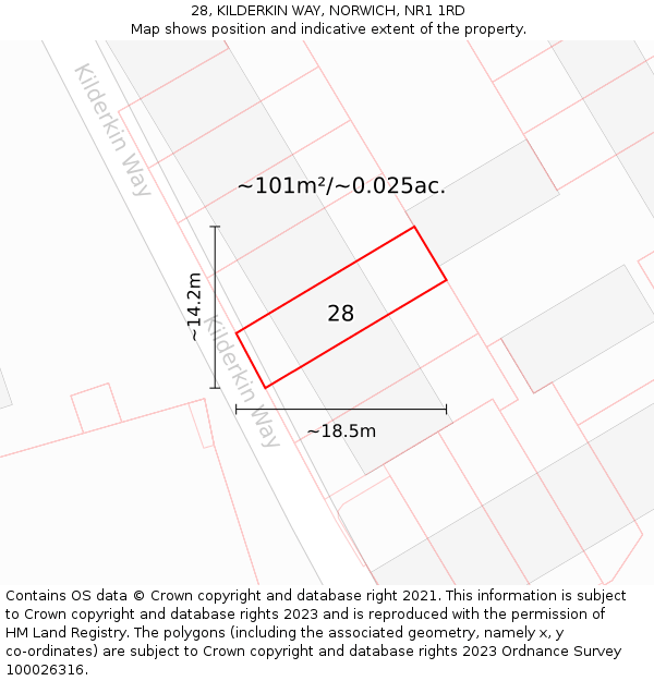 28, KILDERKIN WAY, NORWICH, NR1 1RD: Plot and title map