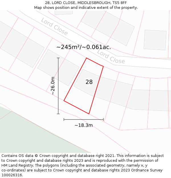 28, LORD CLOSE, MIDDLESBROUGH, TS5 8FF: Plot and title map