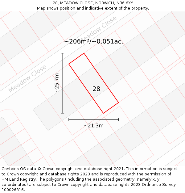 28, MEADOW CLOSE, NORWICH, NR6 6XY: Plot and title map