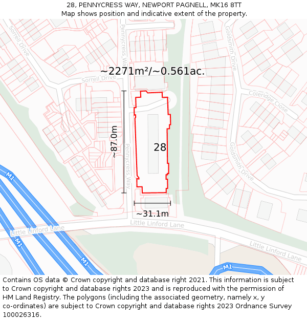 28, PENNYCRESS WAY, NEWPORT PAGNELL, MK16 8TT: Plot and title map