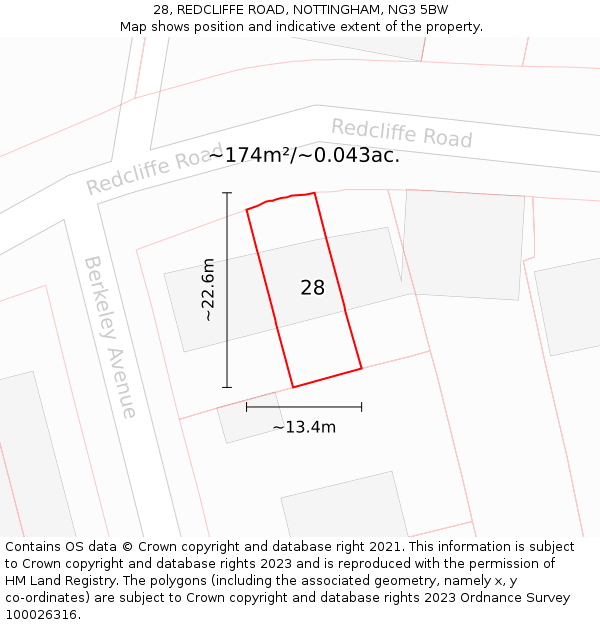 28, REDCLIFFE ROAD, NOTTINGHAM, NG3 5BW: Plot and title map