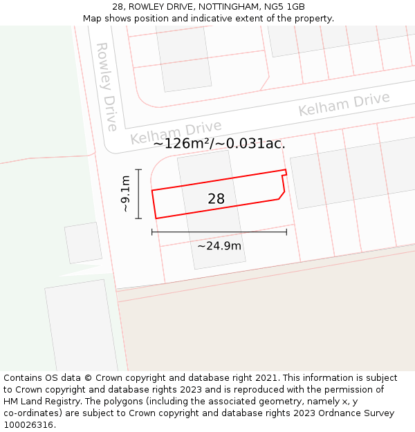 28, ROWLEY DRIVE, NOTTINGHAM, NG5 1GB: Plot and title map