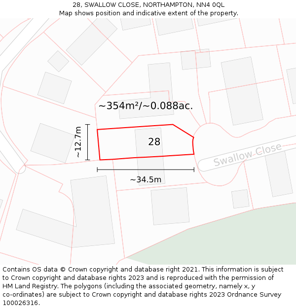 28, SWALLOW CLOSE, NORTHAMPTON, NN4 0QL: Plot and title map