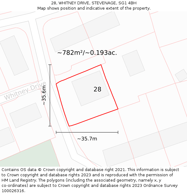 28, WHITNEY DRIVE, STEVENAGE, SG1 4BH: Plot and title map