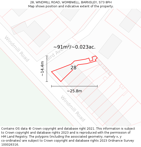 28, WINDMILL ROAD, WOMBWELL, BARNSLEY, S73 8PH: Plot and title map