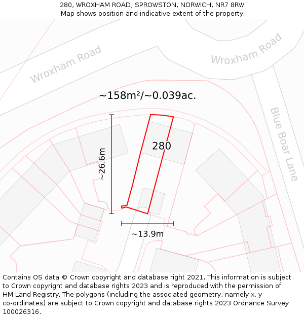 280, WROXHAM ROAD, SPROWSTON, NORWICH, NR7 8RW: Plot and title map