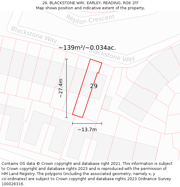 29, BLACKSTONE WAY, EARLEY, READING, RG6 1FF: Plot and title map