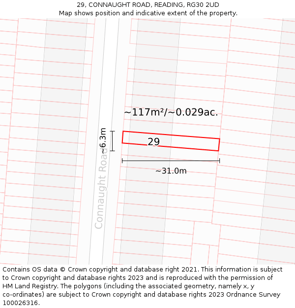 29, CONNAUGHT ROAD, READING, RG30 2UD: Plot and title map