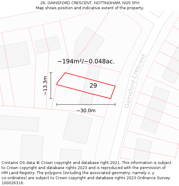 29, GAINSFORD CRESCENT, NOTTINGHAM, NG5 5FH: Plot and title map