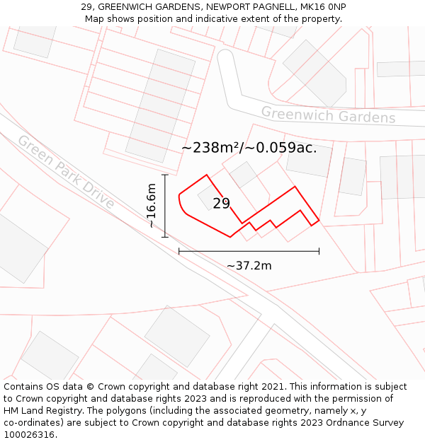 29, GREENWICH GARDENS, NEWPORT PAGNELL, MK16 0NP: Plot and title map