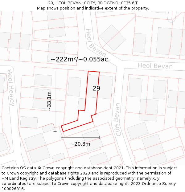 29, HEOL BEVAN, COITY, BRIDGEND, CF35 6JT: Plot and title map