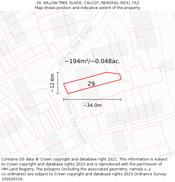 29, WILLOW TREE GLADE, CALCOT, READING, RG31 7AZ: Plot and title map