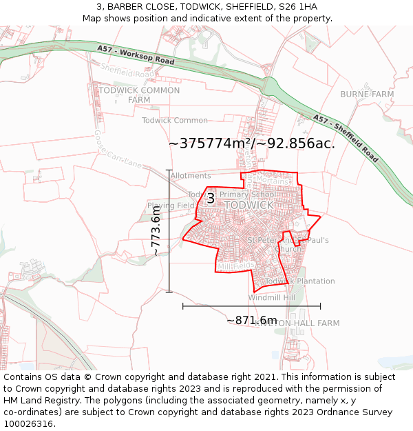 3, BARBER CLOSE, TODWICK, SHEFFIELD, S26 1HA: Plot and title map
