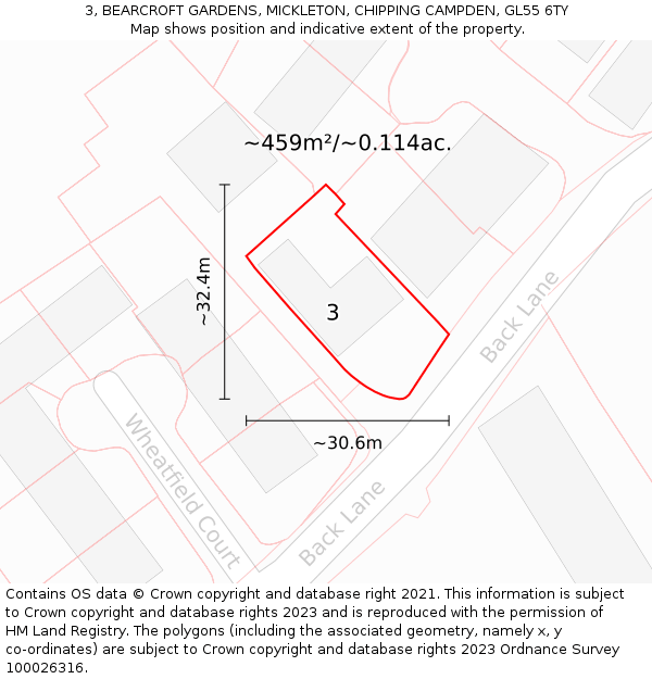 3, BEARCROFT GARDENS, MICKLETON, CHIPPING CAMPDEN, GL55 6TY: Plot and title map