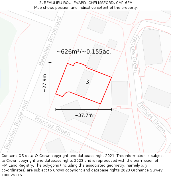 3, BEAULIEU BOULEVARD, CHELMSFORD, CM1 6EA: Plot and title map