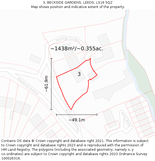 3, BECKSIDE GARDENS, LEEDS, LS16 5QZ: Plot and title map