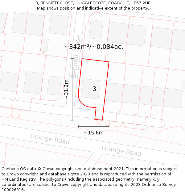 3, BENNETT CLOSE, HUGGLESCOTE, COALVILLE, LE67 2HP: Plot and title map