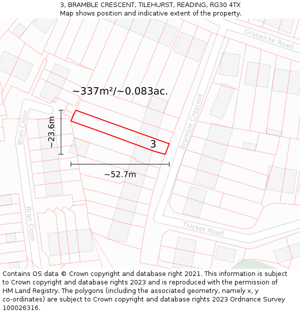 3, BRAMBLE CRESCENT, TILEHURST, READING, RG30 4TX: Plot and title map