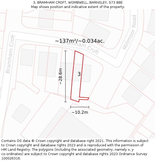3, BRAMHAM CROFT, WOMBWELL, BARNSLEY, S73 8BE: Plot and title map