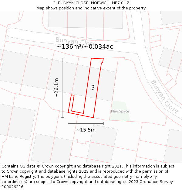 3, BUNYAN CLOSE, NORWICH, NR7 0UZ: Plot and title map