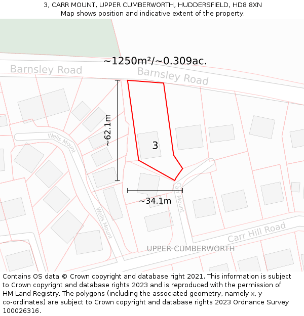 3, CARR MOUNT, UPPER CUMBERWORTH, HUDDERSFIELD, HD8 8XN: Plot and title map
