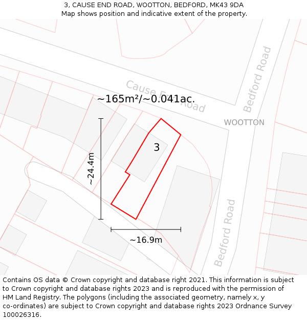 3, CAUSE END ROAD, WOOTTON, BEDFORD, MK43 9DA: Plot and title map