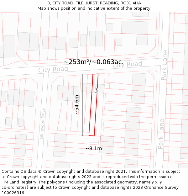 3, CITY ROAD, TILEHURST, READING, RG31 4HA: Plot and title map