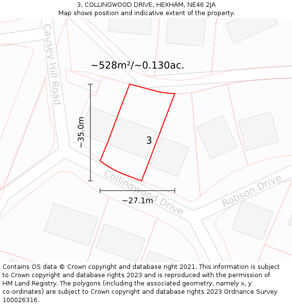 3, COLLINGWOOD DRIVE, HEXHAM, NE46 2JA: Plot and title map