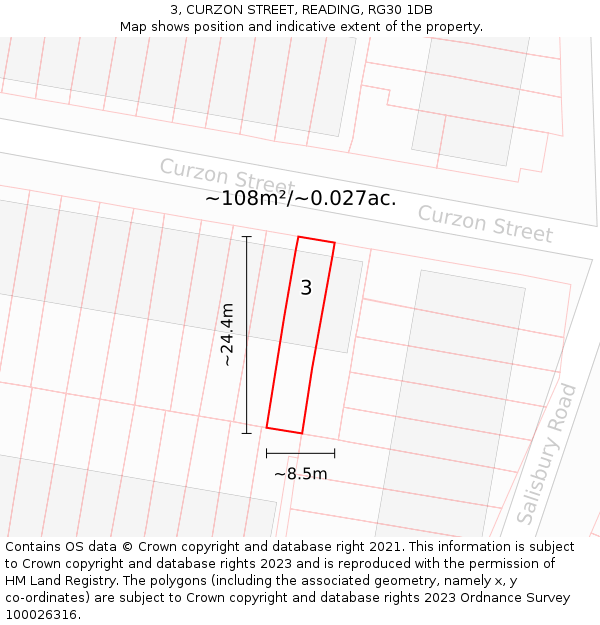 3, CURZON STREET, READING, RG30 1DB: Plot and title map