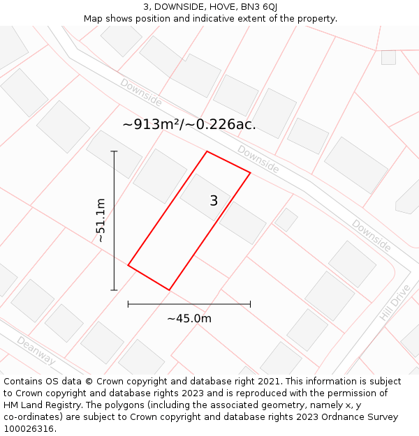 3, DOWNSIDE, HOVE, BN3 6QJ: Plot and title map