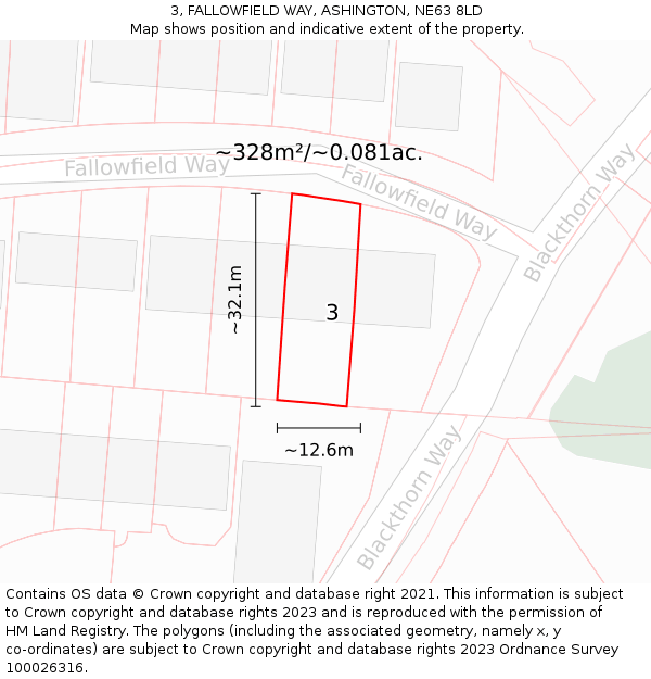 3, FALLOWFIELD WAY, ASHINGTON, NE63 8LD: Plot and title map