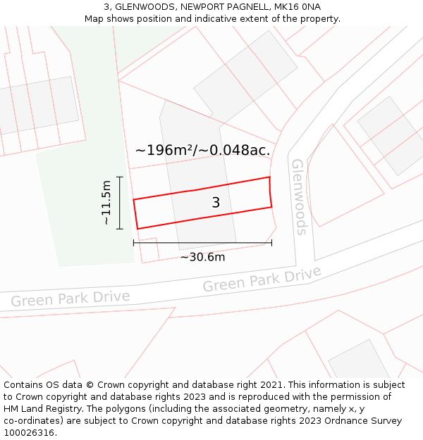 3, GLENWOODS, NEWPORT PAGNELL, MK16 0NA: Plot and title map