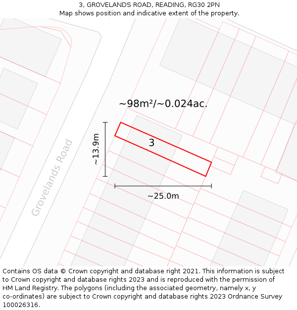 3, GROVELANDS ROAD, READING, RG30 2PN: Plot and title map