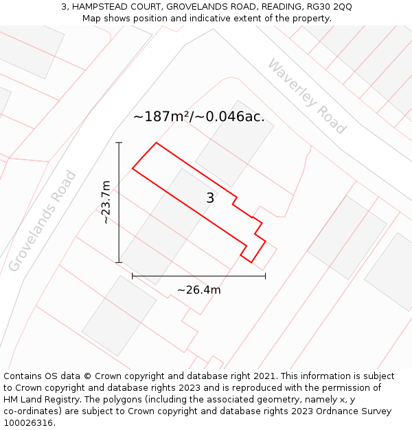 3, HAMPSTEAD COURT, GROVELANDS ROAD, READING, RG30 2QQ: Plot and title map