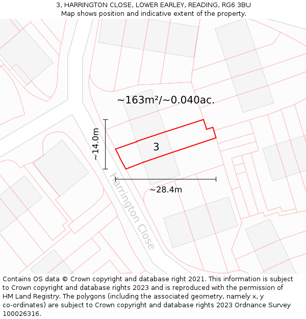 3, HARRINGTON CLOSE, LOWER EARLEY, READING, RG6 3BU: Plot and title map