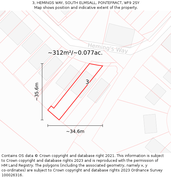 3, HEMINGS WAY, SOUTH ELMSALL, PONTEFRACT, WF9 2SY: Plot and title map
