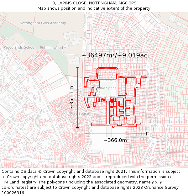 3, LAPINS CLOSE, NOTTINGHAM, NG8 3PS: Plot and title map